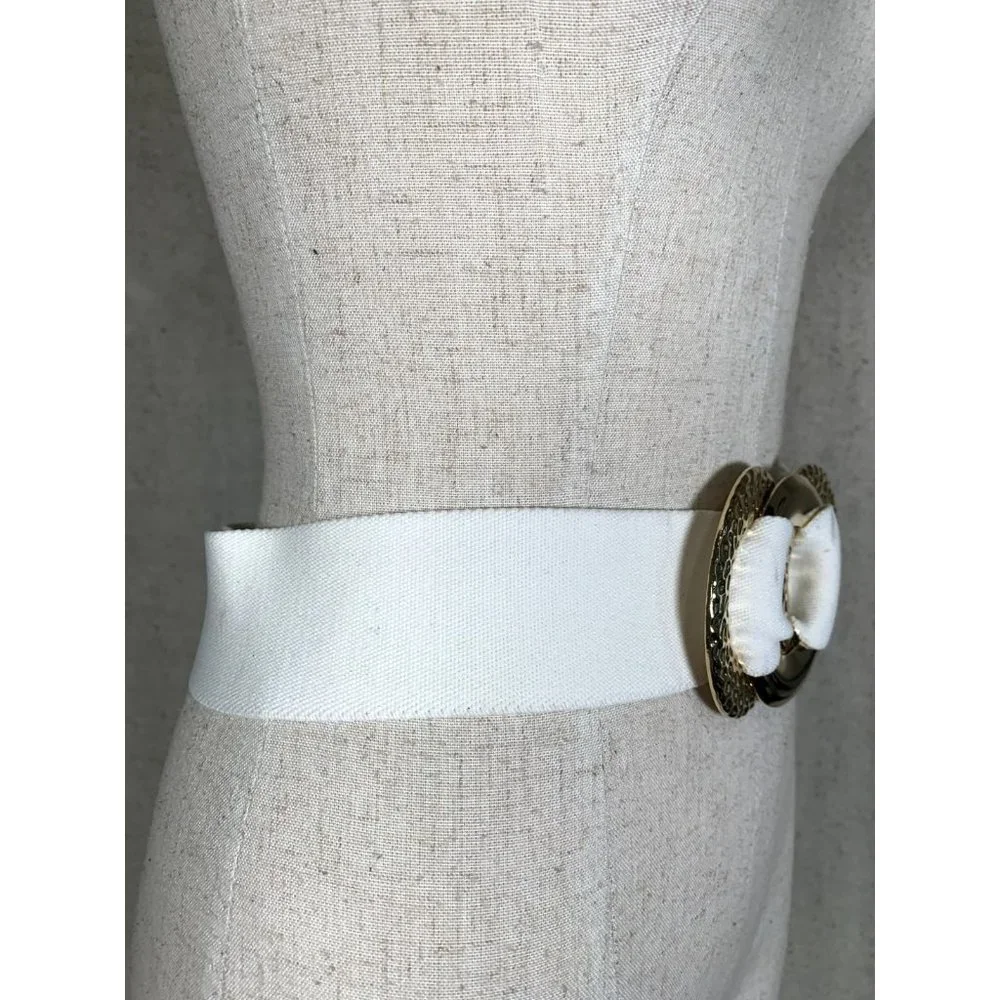 Vintage Statement Belt Womens Gold Accent White Elastic Waist 90s‎ Retro Wide